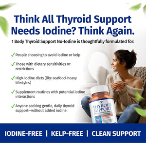 1 Body Thyroid Support Supplement for Women – Iodine Free Formula with Selenium, Zinc & Ashwagandha – Supports Energy, Metabolism & Hormone Balance – 60 Vegan Capsules