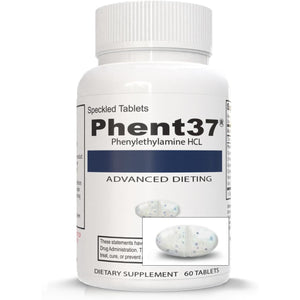Phent37 (1 Bottle - 60 Speckled Tablets) - Advanced Phenylethylamine HCL Dietary Nutraceutical, Premium Small White and Blue Tablets, Boost Metabolism, Weight Management for Men and Women