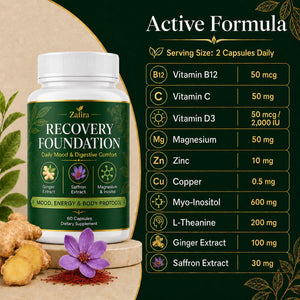 Zafira Recovery Foundation Capsules, Mood & Digestive Support with Saffron, Ginger, Non-Gmo, Gluten-Free, 60 Capsules (1 Pc)