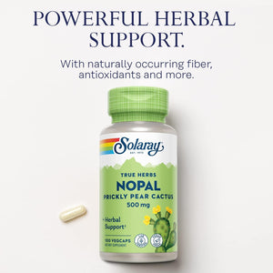 SOLARAY Nopal Prickly Pear Cactus Capsules - 500 Mg per Serving, Rich in Naturally Occuring Fiber, Antioxidants, and Carotenoids, Provides Key Nutrients in a Vegan Formula - 100 Count Vegcaps