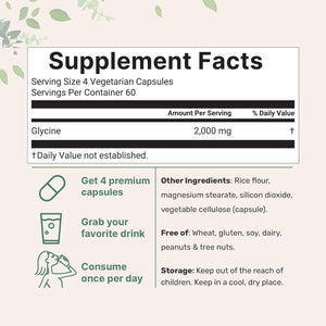 Glycine 2,000Mg per Serving, 240 Veggie Capsules | Free Form | Double Strength Amino Acids | Restful Sleep and Neurotransmitter Support Supplements | Non-Gmo, Gluten Free