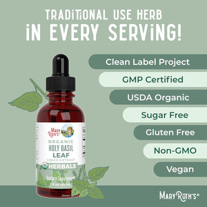 MARYRUTH'S Organics Holy Basil Sugar Free | Tulsi Holy Basil Herbal Liquid Drops | Antioxidant | Cognitive Function | Digestive Support | Energy Levels | Vegan | Non-Gmo | 1 Fl Oz