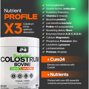 Bovine Colostrum X3 Supplement Powder for Humans, 100% Pure Whole Natural Grass Fed Superfood, High Igg, plus Probiotic & Prebiotic, Unflavored, Made in USA