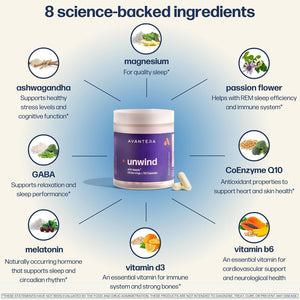 Avantera Unwind - Stress and Sleep Supplement for Adults - Support Healthy Stress Levels & Improve Sleep Efficiency - Magnesium, Melatonin, Ashwagandha, & More - 56 Vegan Capsules