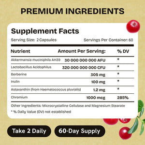 Akkermansia Muciniphila Probiotics 320 Billion CFU| Probiotic and Prebiotic | Akkermansia Probiotics for Gut Health | Inulin Prebiotic Fiber Capsules Astaxanthin & Berberine & Chromium | 120 Capsules