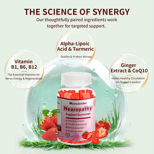 Sugar Free Neuropathy Support Gummies for Nerve – Enhanced Nerve Health, Regeneration, Cognitive Support with Vitamin B1, B6, B12, Magnesium, ALA, Turmeric, Coq10 & More