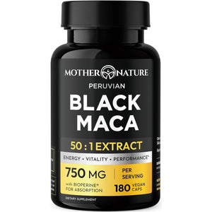 Black Maca Root 50:1 750Mg – 180 Capsules Organic Peruvian Maca Peruana Supplement for Men | High Potency Energy, Mood & Performance Support | Vegan, Non-Gmo