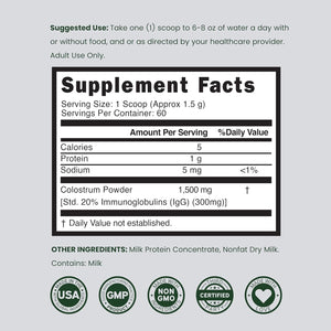 Colostrum Supplement Powder 90G (60 Servings of 1.5G Pure Bovine Colostrum Std. to Contain 20% Igg Immunoglobulins) Grass Fed Powder - No Fillers, Third Party Tested, Unflavored & Non-Gmo
