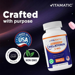 Vitamatic Melatonin 5 Mg Tablets | Vegetarian, Non-Gmo, Gluten Free | 1 Year Supply | Natural Berry Flavor - 365 Tablets
