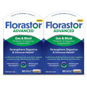 Florastor Advanced Gas and Bloat Probiotic, Digestive Enzymes and Botanicals, plus Probiotics for Digestive Health, 30 Capsules (Pack of 2)