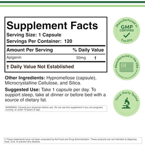 Apigenin Supplement - 50Mg per Capsule, 120 Count (Powerful Bioflavonoid Found in Chamomile Tea for Relaxation, Sleep, and Mood) Senolytic Flavonols for Aging (Gluten Free) by Double Wood