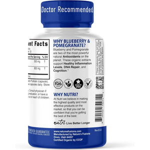 Nutri Organic Blueberry Pomegranate Supplement 1300Mg - with 800Mg 10:1 Extract & 500Mg 10:1 Pomegranate Extract - USDA Certified Organic - 60 Count Capsules - High in Anthocyanins and Polyphenols