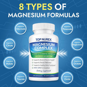 Magnesium Complex 1000 Mg, 8-Source Magnesium Blend with Glycinate, Citrate, Malate & Taurate, Vegan Formula, Non-Gmo, 90 Capsules