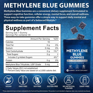 Methylene Blue Gummies 5Mg per Serving, Supports Cognitive Function, Cellular Energy, Mental Focus, Antioxidant Activity, 99.9% Pure | 30 Gummies