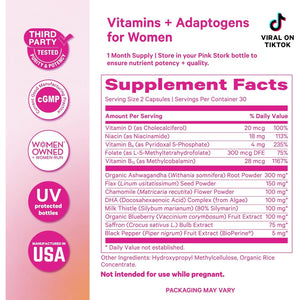 Pink Stork Cortisol Supplements for Women - Adaptogenic Adrenal Support & Stress Manager with Organic Ashwagandha, Omega 3, Saffron, Multivitamins - Mood & Hormone Balance - 60 Count