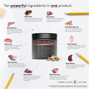 Formulation Factory Primal Power 10-In-1 Grass-Fed Beef Organ Complex with Liver, Heart, Bone Marrow, Orchic, Kidney, Spleen, Pancreas, Adrenals, Thymus & Brain - 120 Capsules