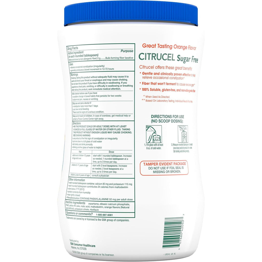 CITRUCEL Sugar Free Fiber Powder for Occasional Constipation Relief, Methylcellulose Fiber Powder, Orange Flavor - 32 Ounces