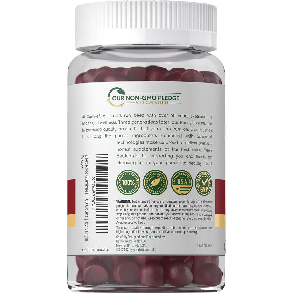 Carlyle Beet Root Gummies | 60 Count | Extract Supplement with Black Pepper and Vitamin C | for Men & Women | Beta Vulgaris | Strawberry Flavor | Vegan, Non-Gmo, and Gluten Free