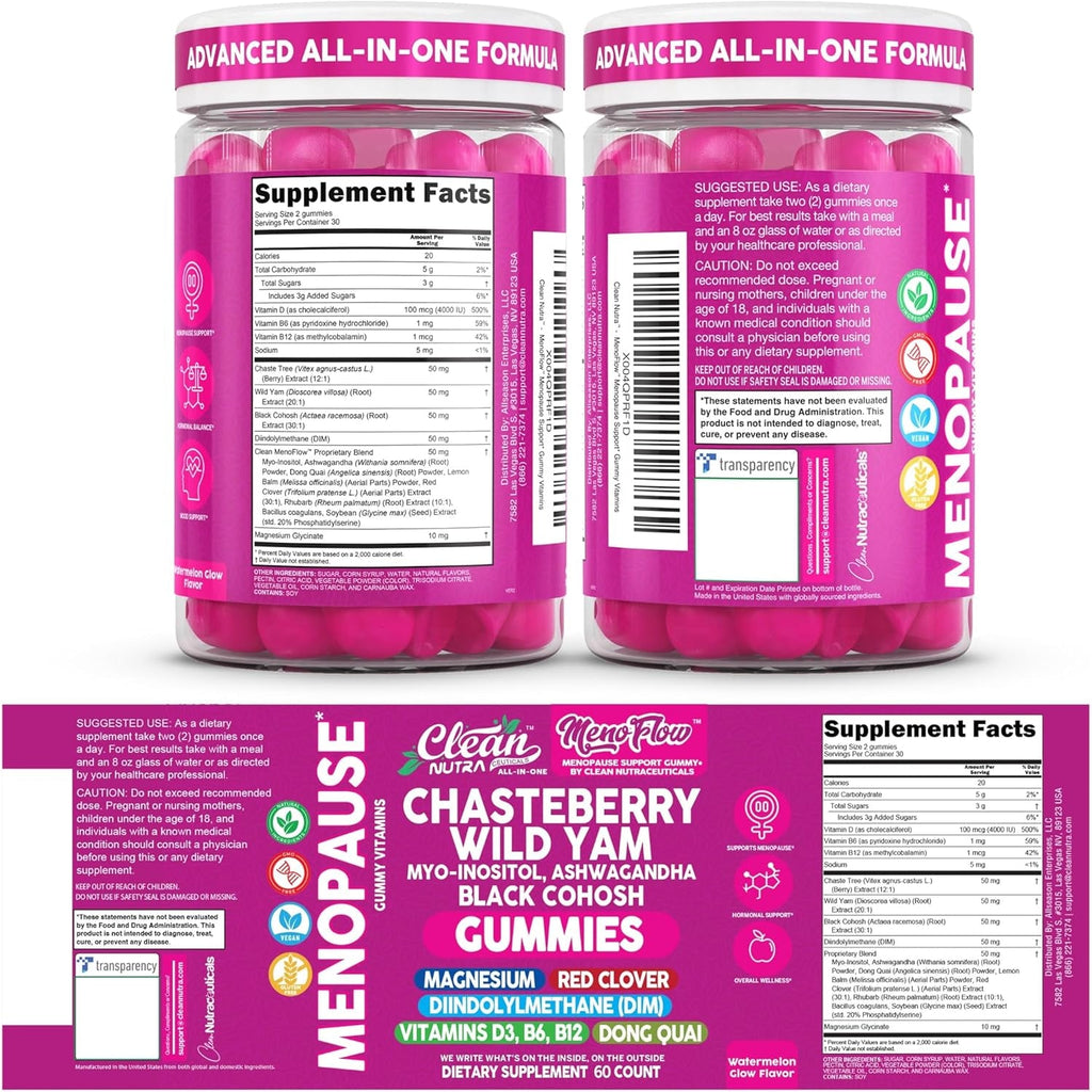 Clean Nutra Menopause Supplements for Women Chastberry Wild Yam Gummies Inositol Black Cohosh Magnesium Red Clover DIM Supplement B6 Magnesium Glycinate Glycine Vitex Hormone Balance Gummy Vitamins