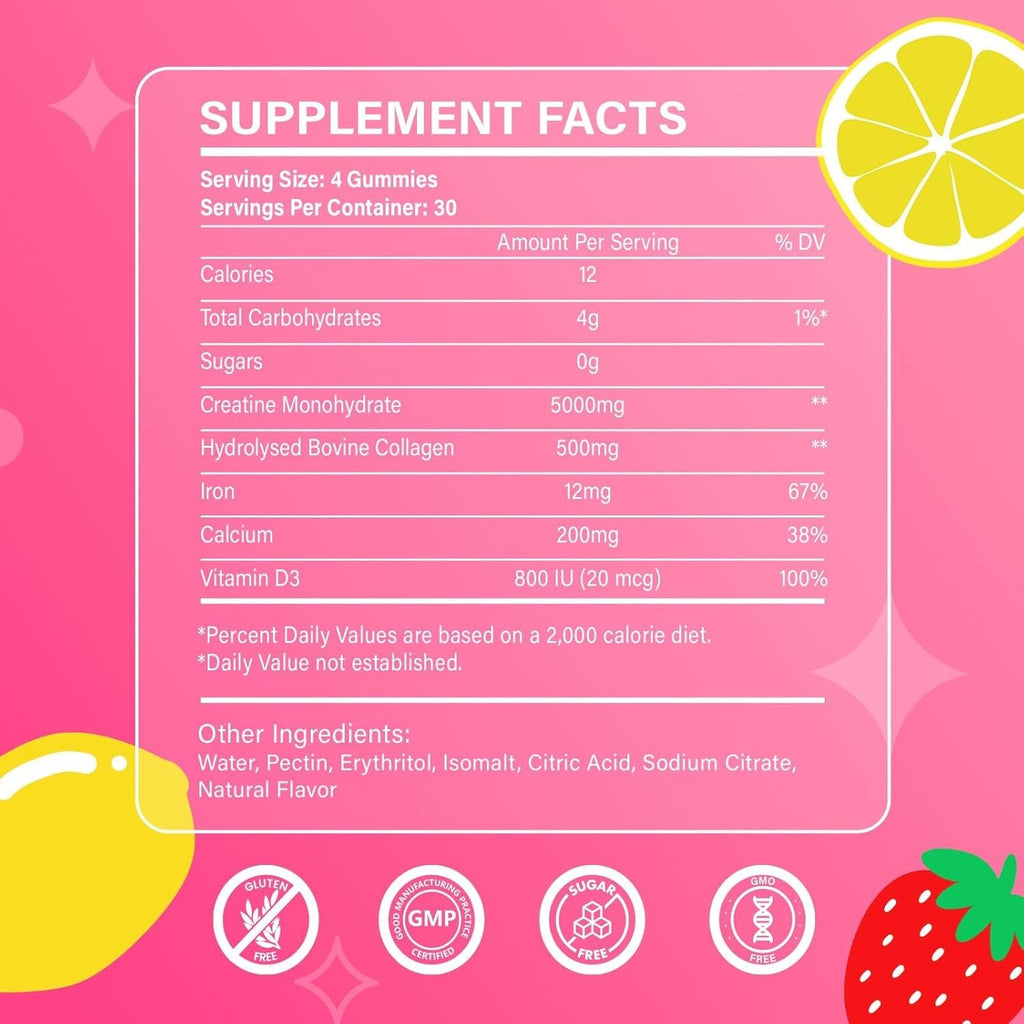 Creatine for Women, Creatine Monohydrate Gummies with Collagen, Vitamin D3 & Calcium for Muscles, Booty & Energy, Flavored Sugar Free Creatine Gummies Post & Pre Workout Supplements for Women, 120 Ct