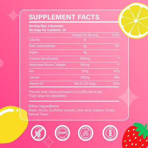 Creatine for Women, Creatine Monohydrate Gummies with Collagen, Vitamin D3 & Calcium for Muscles, Booty & Energy, Flavored Sugar Free Creatine Gummies Post & Pre Workout Supplements for Women, 120 Ct