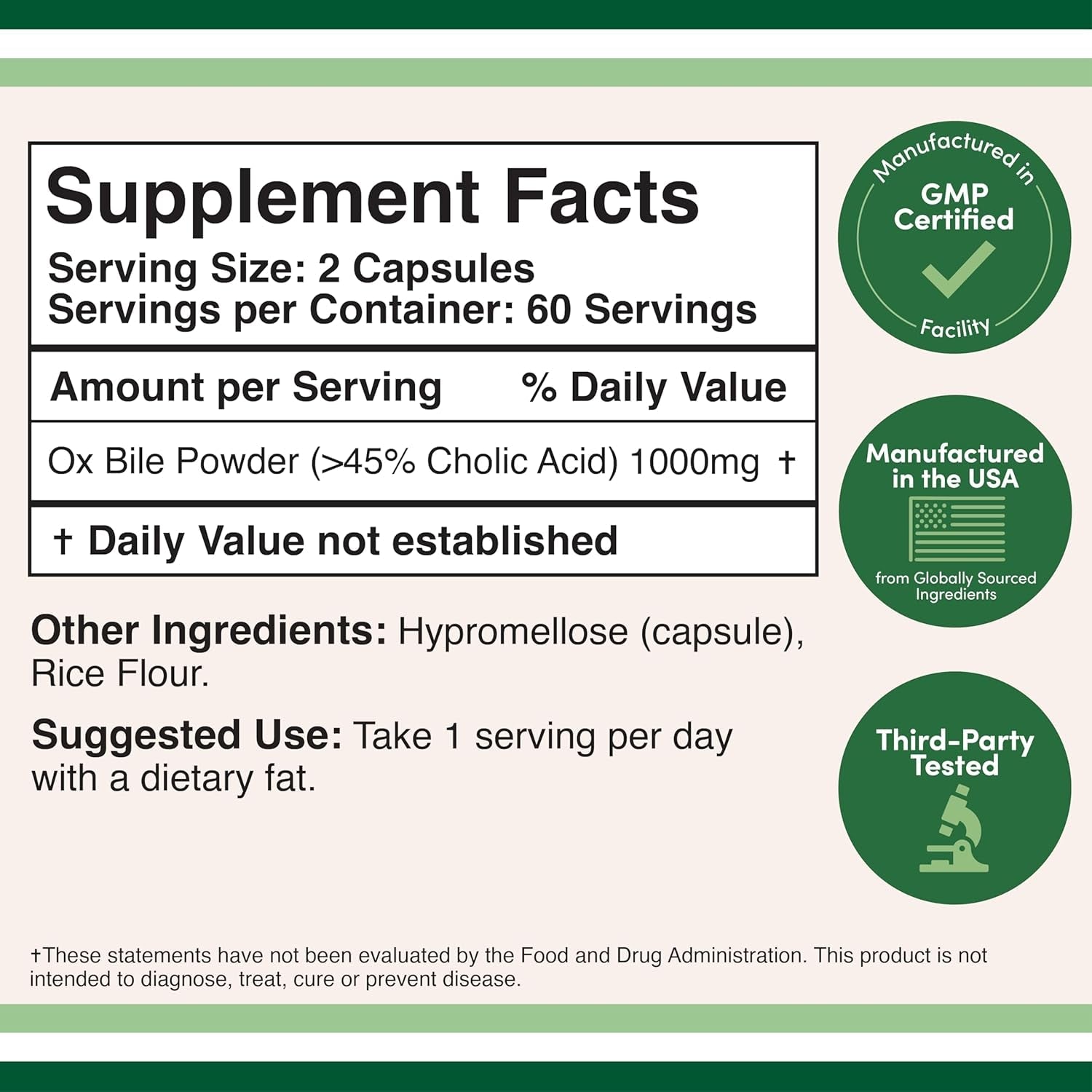 Ox Bile Supplement for No Gallbladder (1,000Mg per Serving, 500Mg per Capsule, 120 Capsules) Standardized to 45% Cholic Acid Bile Salts to Help Address Bile Salt Deficiencies by Double Wood