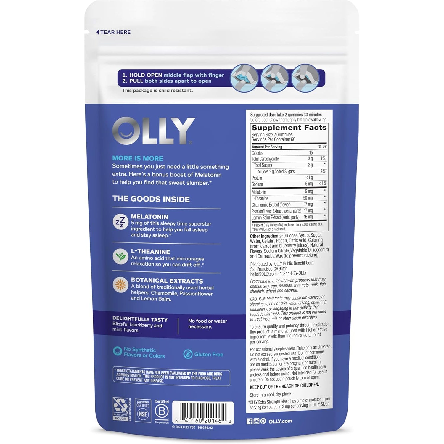 OLLY Extra Strength Sleep Gummy, Occasional Sleep Support Supplement*, 5 Mg Melatonin, L-Theanine, Blackberry Zen Flavor, 60 Day Supply - 120 Count (Packaging May Vary)
