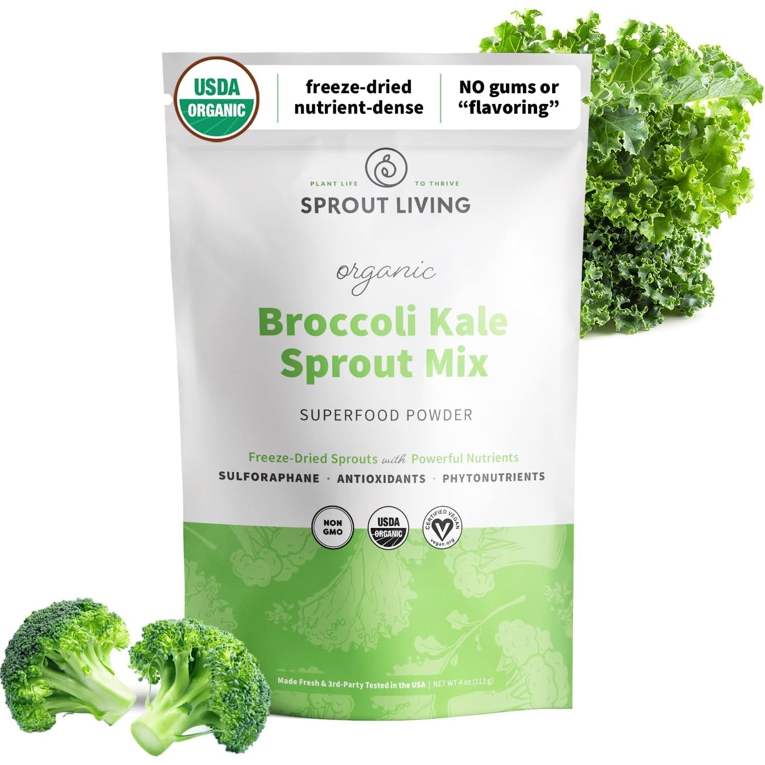 Sprout Living Broccoli and Kale Organic Sprout Mix, Freeze Dried Superfood Greens Powder, 100% Pure, Vegan, Non-Gmo, Gluten Free (4 Ounces, 32 Servings)