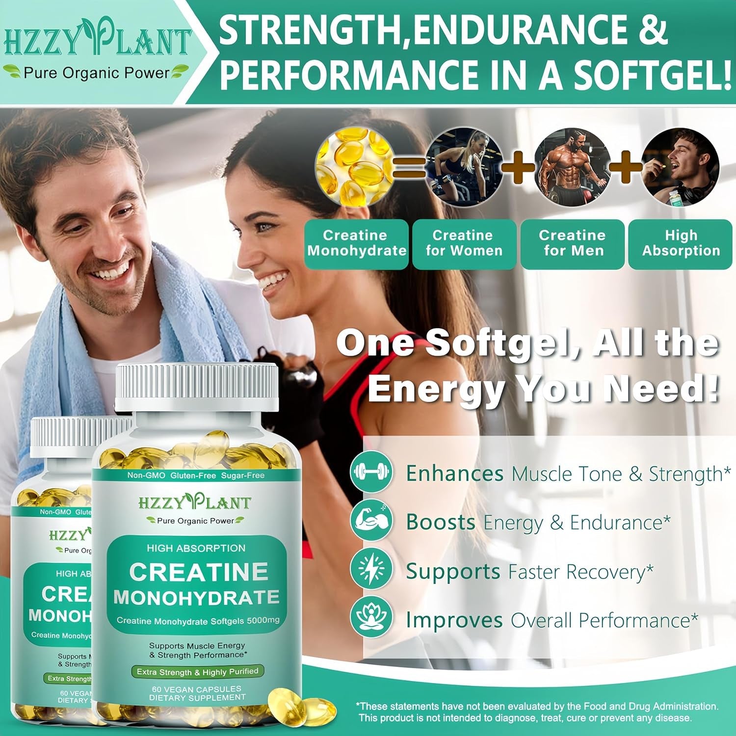 Creatine Softgels - High Absorption Creatine for Women & Men - Creatine Monohydrate 5000Mg for Muscle Strength, Muscle Builder, Energy Boost, Pre-Workout - Sugar Free, Non-Gmo & Gluten Free