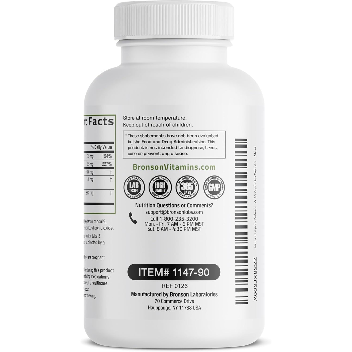 Bronson L-Lysine Defense Immune Support Complex 1500 MG L-Lysine plus Olive Leaf, Garlic, Vitamin C and Zinc - Non-Gmo, 90 Vegetarian Capsules