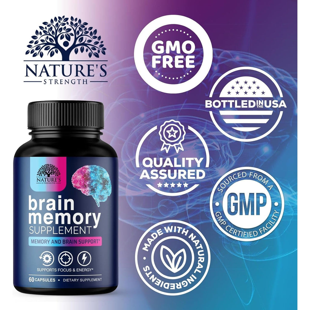 Brain Memory Supplement Pills - 3X Strength Nootropics for Concentration, Clarity & Focus Support - Brain Health Cognitive Vitamins with Bacopa, Phosphatidylserine & DMAE, Brain Booster - 60 Capsules