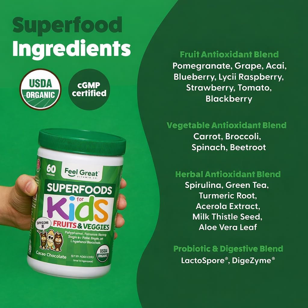 Feel Great USDA Organic Super Greens Powder for Kids - Cocao Chocolate | Fruit & Veggie Supplement | Superfood Powder with Probiotics & Digestive Enzymes for Digestive Health | 60 Days Supply