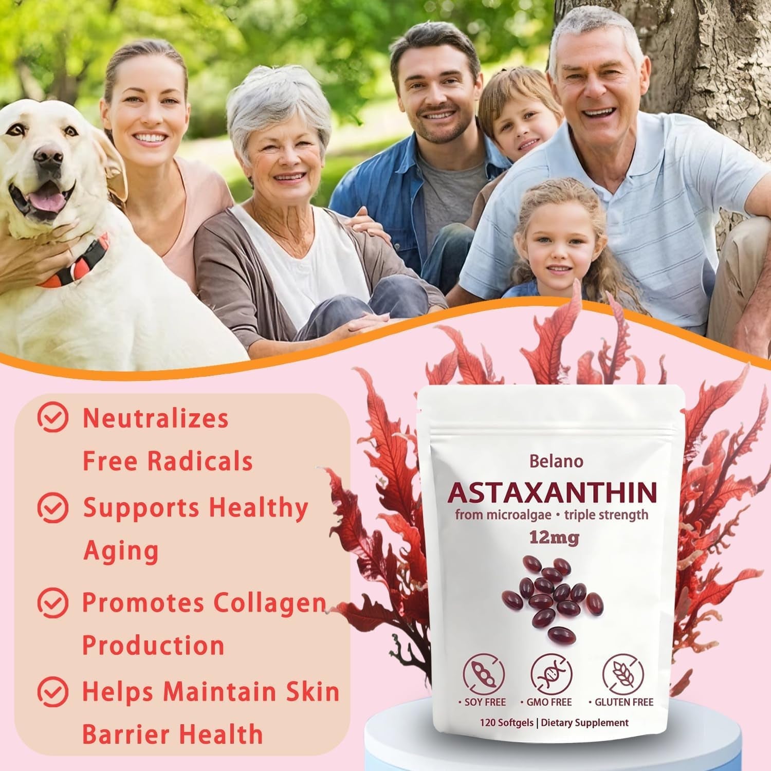 BELANO Valasta Astaxanthin，Zeria Astaxanthin12Mg，Easy to Swallow, Non-Gmo，4-Month Supply，120 Softgels