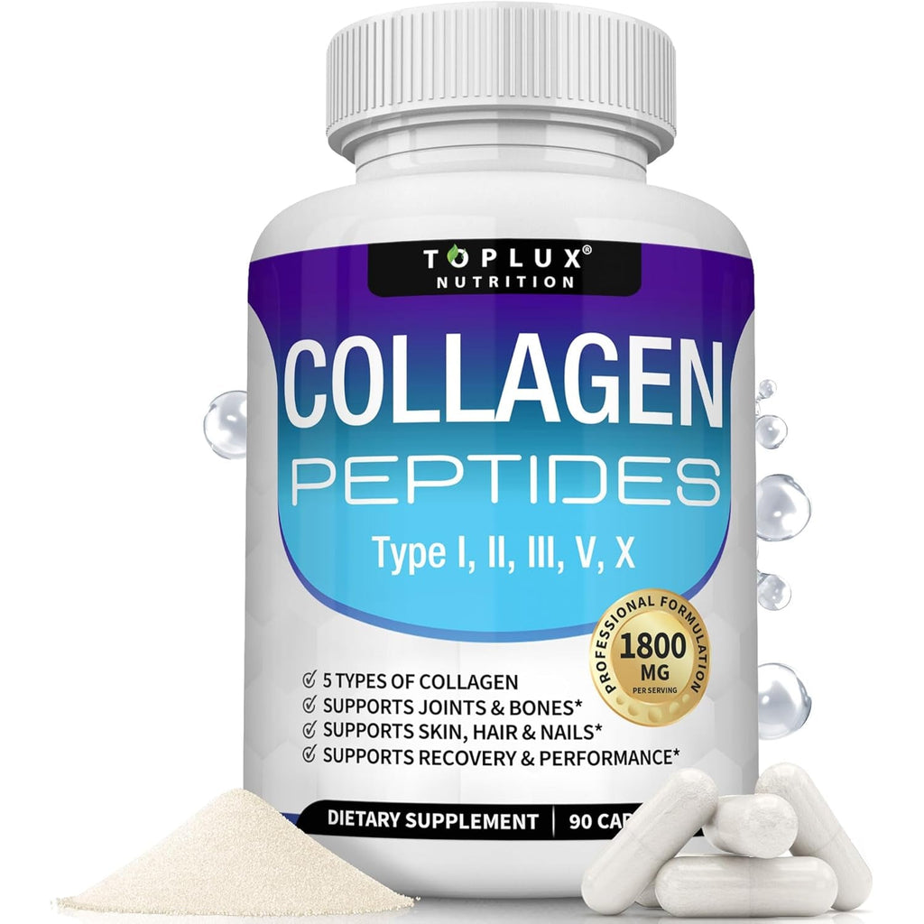 Toplux Multi Collagen Peptides Pills 1800 Mg Complex - Type I, II, III, V, X Premium Collagen Complex for Better Skin & Hair, Strong Joint, Hydrolyzed Protein, for Men Women, 90 Capsules, Supplement