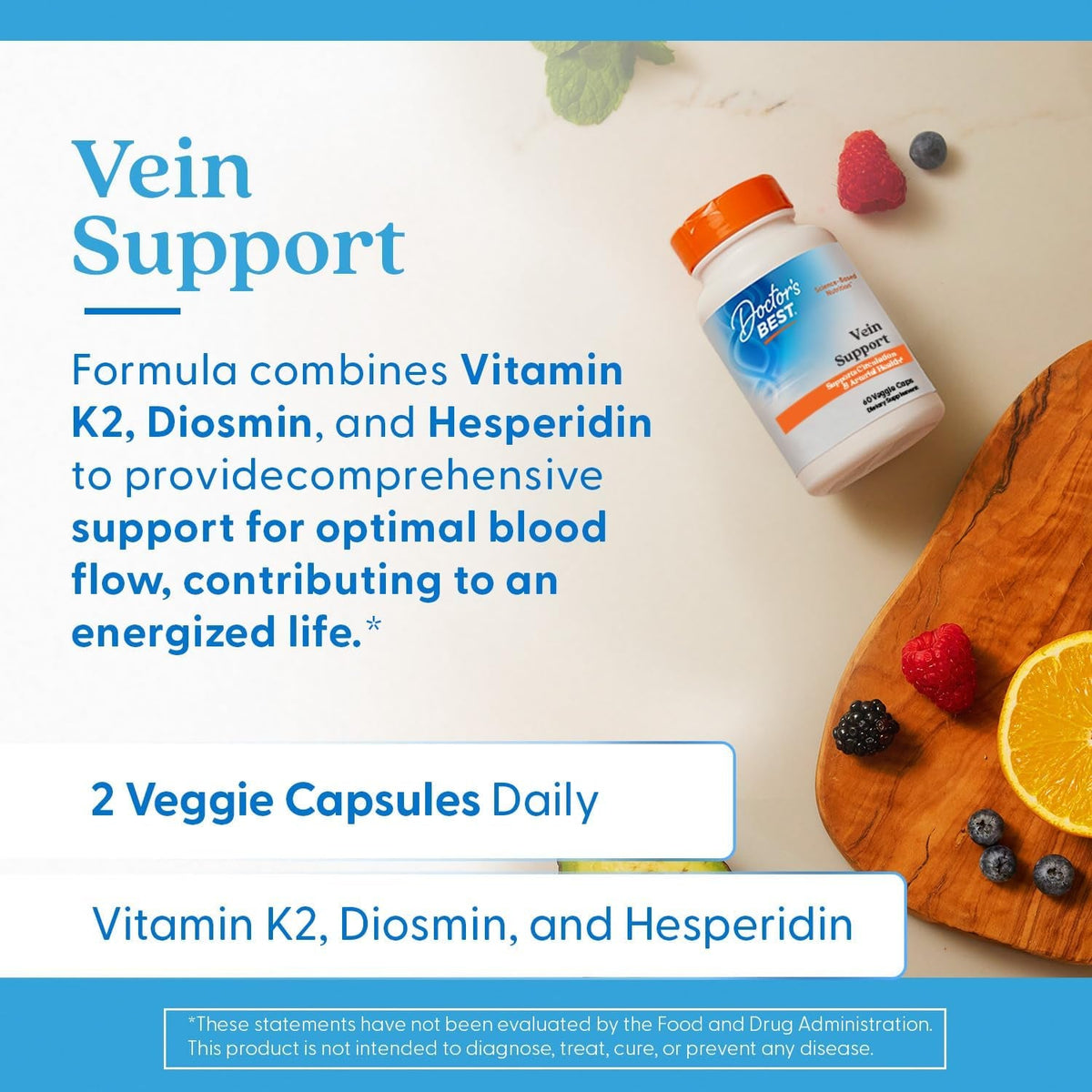 Doctor'S Best Vein Support Supplement - Contains Diosmin & Hesperidin, Circulation Support for Legs & Feet, for Men & Women, Formula with Vitamin K2 & Natural Orange Extract, Vegan - 60 Veg Caps
