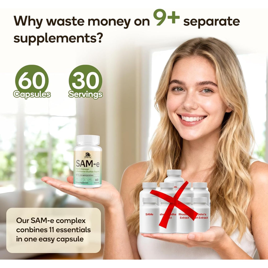 Sam-E Supplement – Capsule Complex with Ashwagandha Extract, L-Theanine, Rhodiola, St. John’S Wort, Omega-3 Fatty Acids, Magnesium, B Vitamins & D3, 60 Capsules