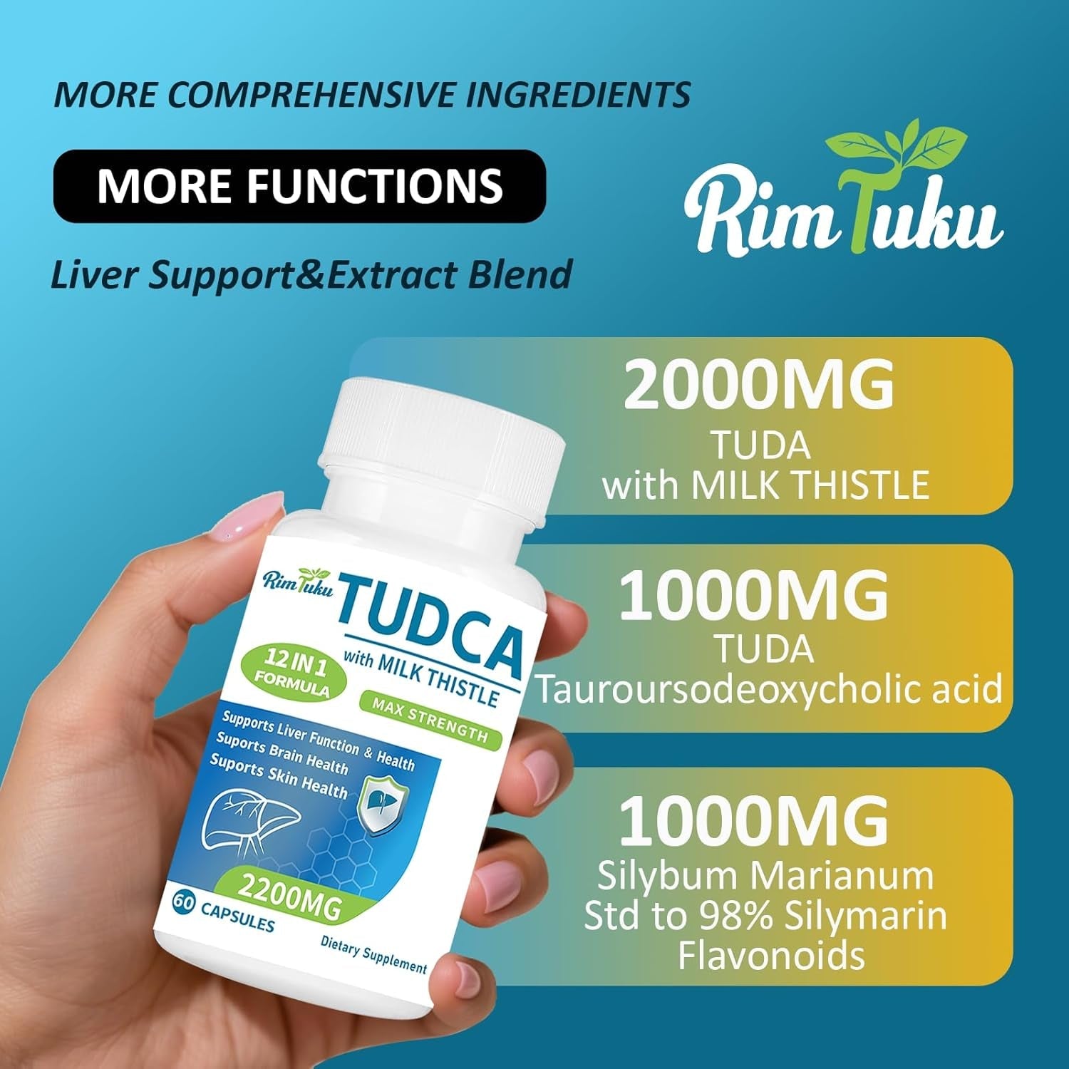 2200MG TUDCA Supplement with Milk Thistle 12-In-1 Formula Liver Support, Bile Salts Supplement for Liver Cleanse & Detox, Bile Flow & Gallbladder Support 60 Capsules
