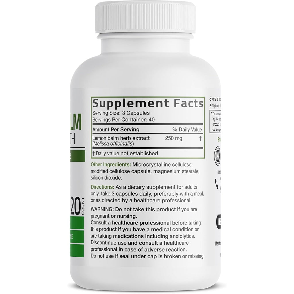 Bronson Melissa Lemon Balm Extra Strength, Non-Gmo, 120 Vegetarian Capsules
