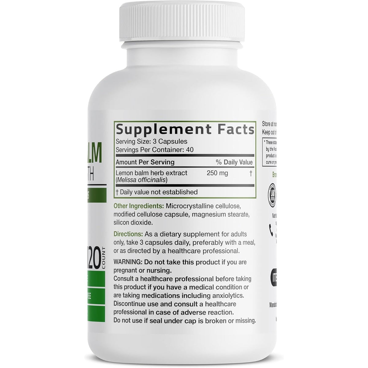 Bronson Melissa Lemon Balm Extra Strength, Non-Gmo, 120 Vegetarian Capsules