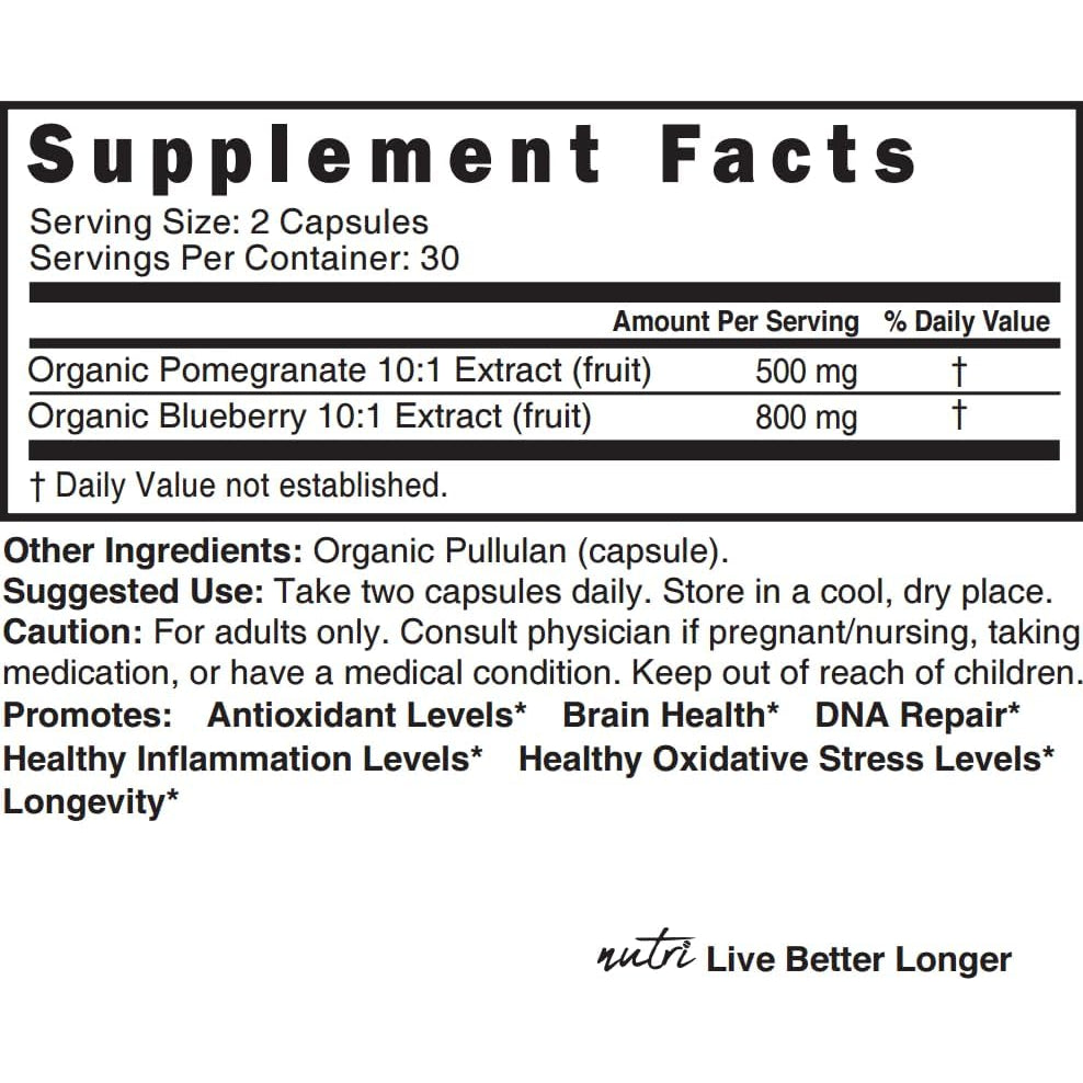 Nutri Organic Blueberry Pomegranate Supplement 1300Mg - with 800Mg 10:1 Extract & 500Mg 10:1 Pomegranate Extract - USDA Certified Organic - 60 Count Capsules - High in Anthocyanins and Polyphenols