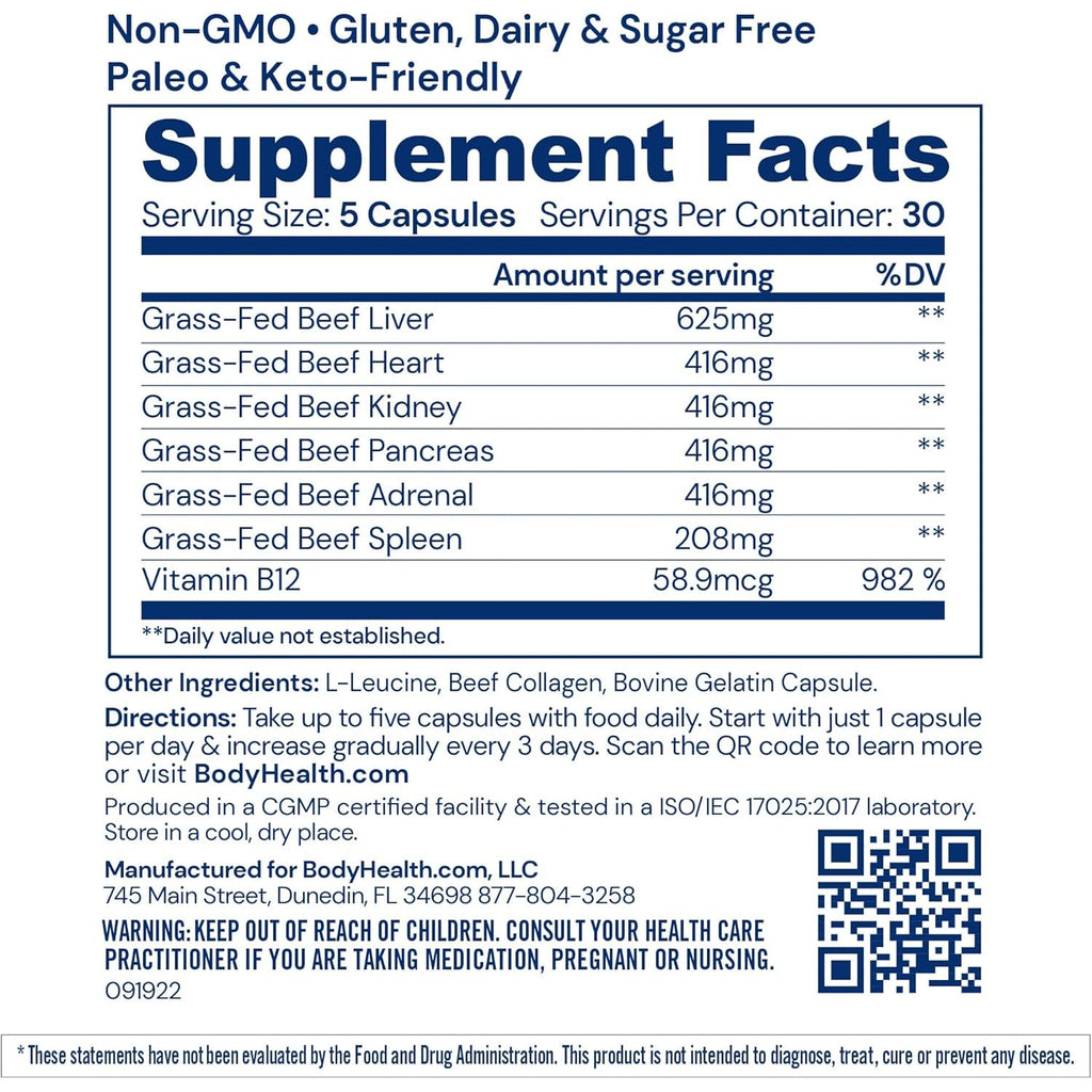 Bodyhealth Organ+ Grass-Fed Glandular Organ Complex, Grassfed Beef Organ Supplement, Dessicated Beef Liver, Heart, Kidney, Pancreas, Spleen, Non GMO, Adrenal, Supplement, (150 Capsules)