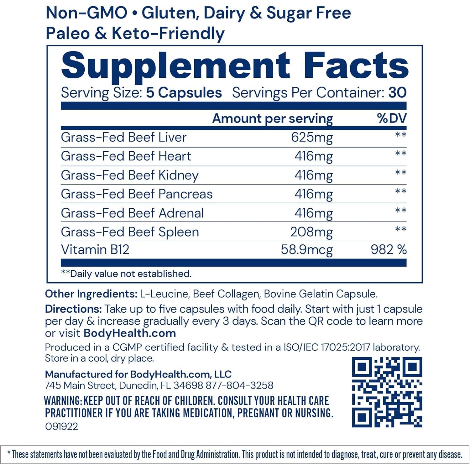 Bodyhealth Organ+ Grass-Fed Glandular Organ Complex, Grassfed Beef Organ Supplement, Dessicated Beef Liver, Heart, Kidney, Pancreas, Spleen, Non GMO, Adrenal, Supplement, (150 Capsules)