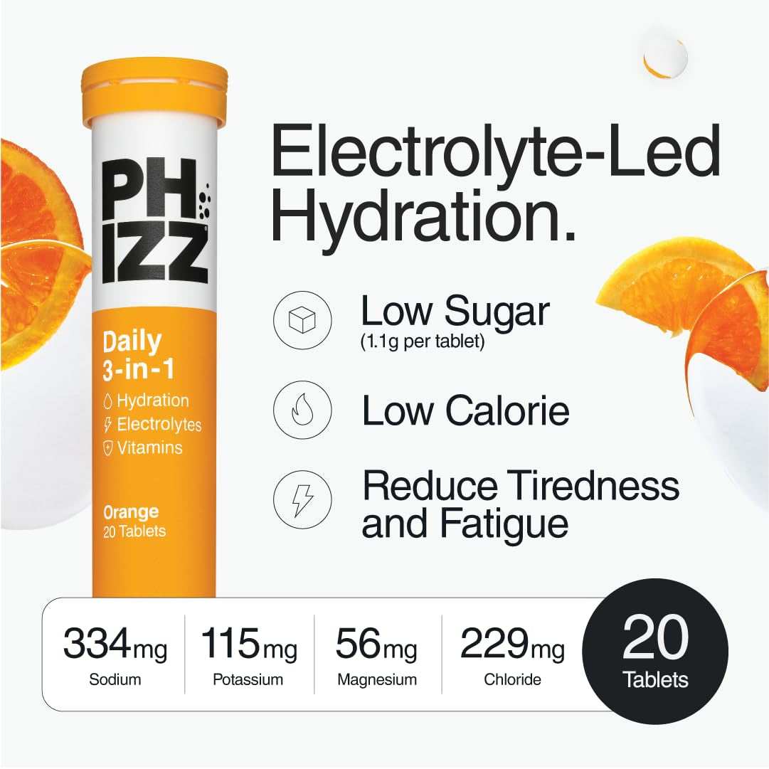 Phizz Electrolyte Multivitamin Rehydration Tablets - 19 Vitamins & Minerals, Energy Boost (Orange, 20 Tablets)