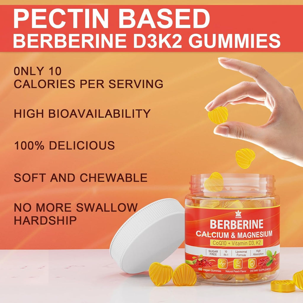 LILICARE Berberine Gummies Sugar Free, Extra Absorption with Liposomal Berberine & Berberine HCI, Calcium, Magnesium, AMPK Activitor for Sugar & Level, Energy, Metabolism,Vegan, Pack of 1
