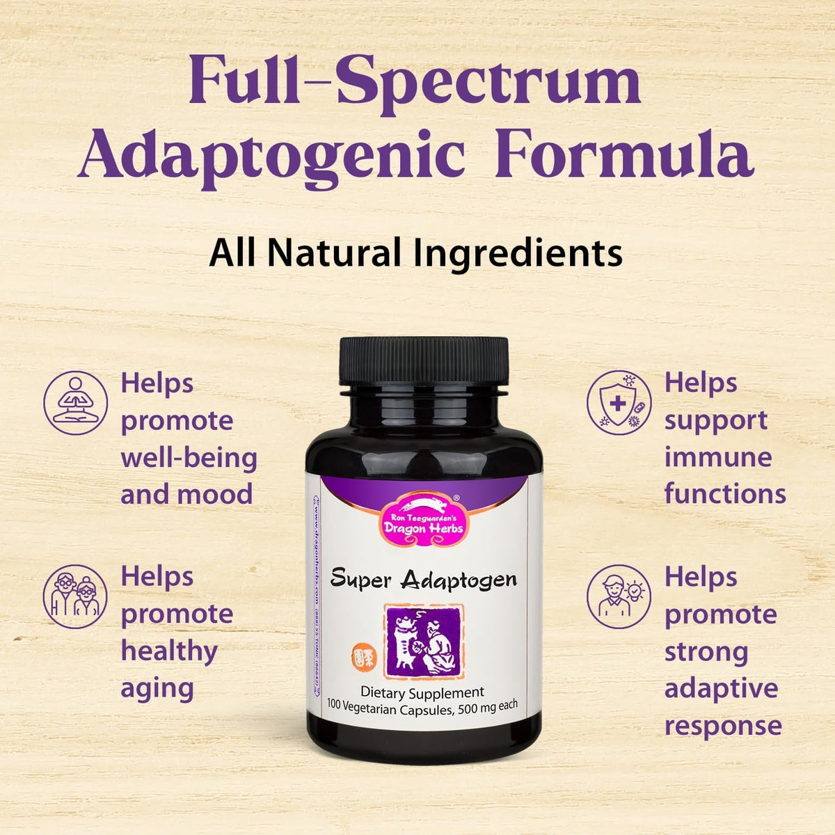Dragon Herbs Super Adaptogen | All Natural Supplement to Support Well-Being, Mood, Immune Function, Strong Adaptive Response | All Natural Ingredients, Non-Gmo (100 Capsules, 500 Mg per Capsule)”