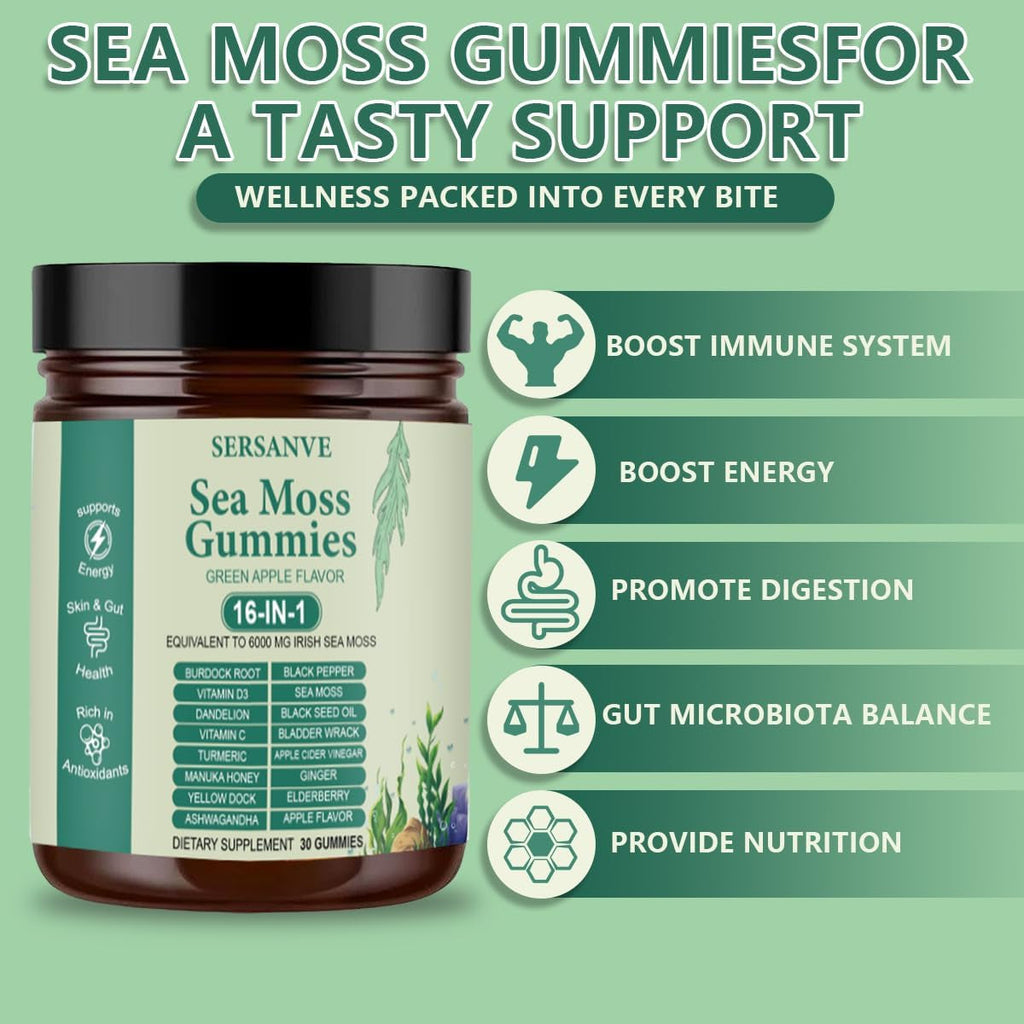 Sea Moss Gummies 16-In-1, with Black Seed Oil, Ashwagandha & Elderberry | Organic Irish Sea Moss Supplement for Men & Women | Daily Support with Manuka, Burdock Root & Vitamins C & D3, 30 Gummies