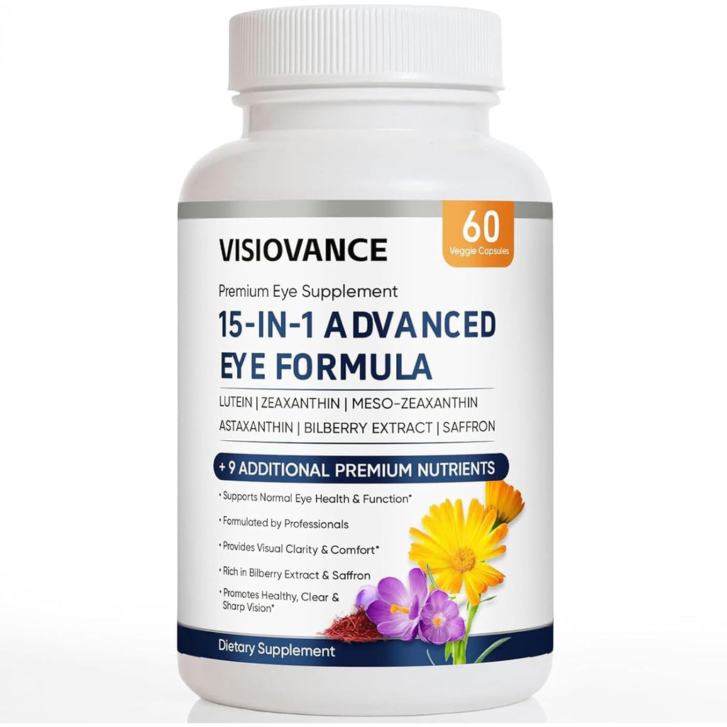 Visiovance 15 in 1 Advanced Eye Formula, Eye Vitamin and Mineral Supplement with Lutein, Zinc, Luteolin, Zeaxanthin & Bilberry Extract, 60 Count (1)