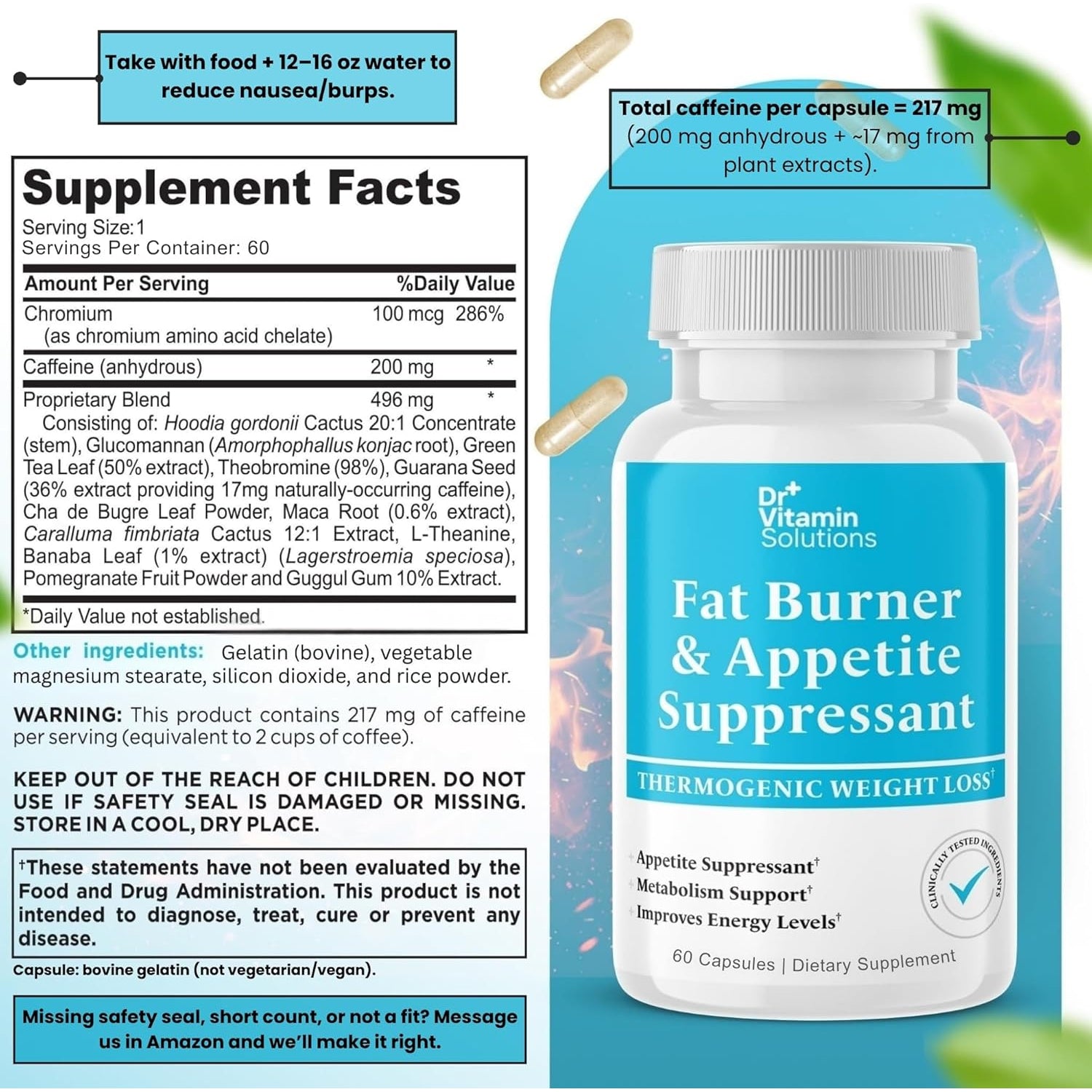 Fat Burner for Women & Men - Appetite Suppressant for Weight Loss - Pills W/Metabolism Booster Thermogenic Weight Loss Supplement - Includes Chromium & Green Tea Extract - 60 Capsules