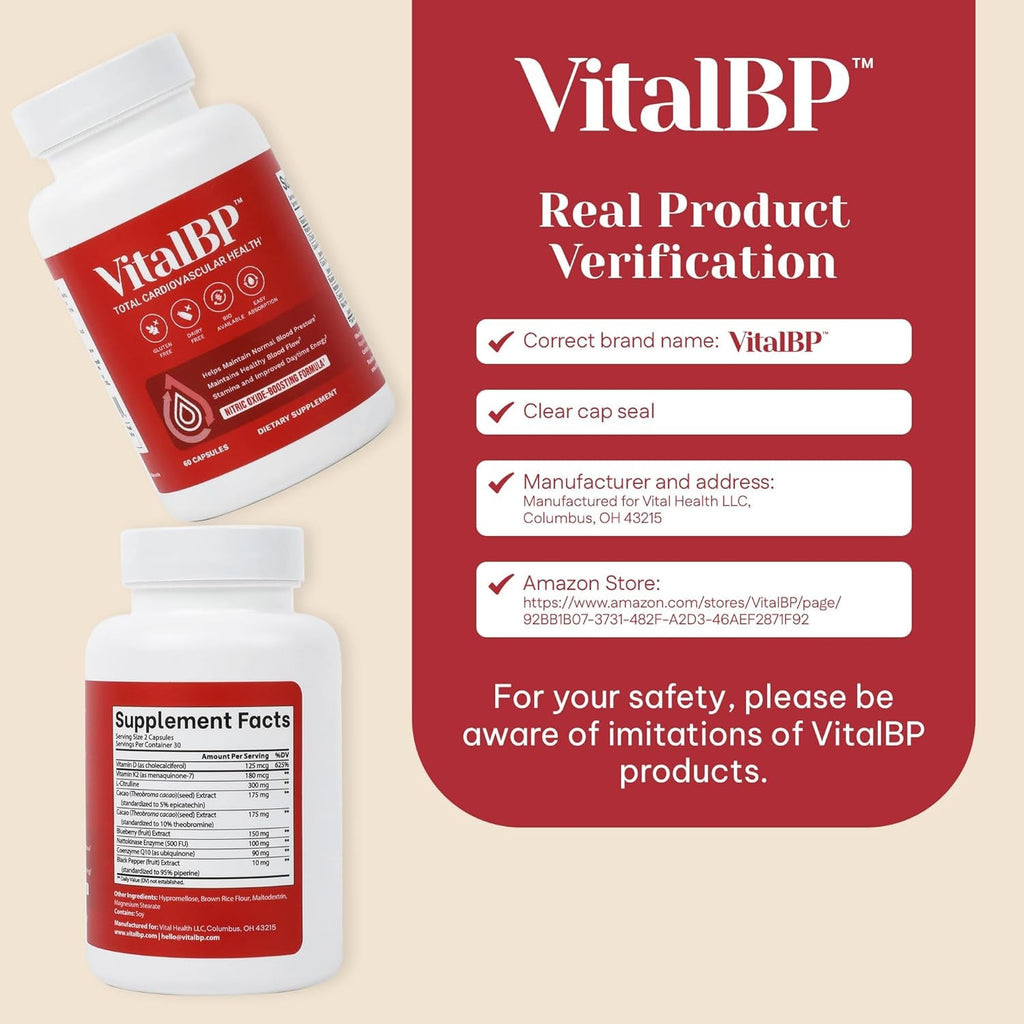 Vital BP - Support for Normal Blood Pressure - Supports Blood Flow & Arteries - with Coq10, L-Citrulline, and K2 & D3-60 Capsules