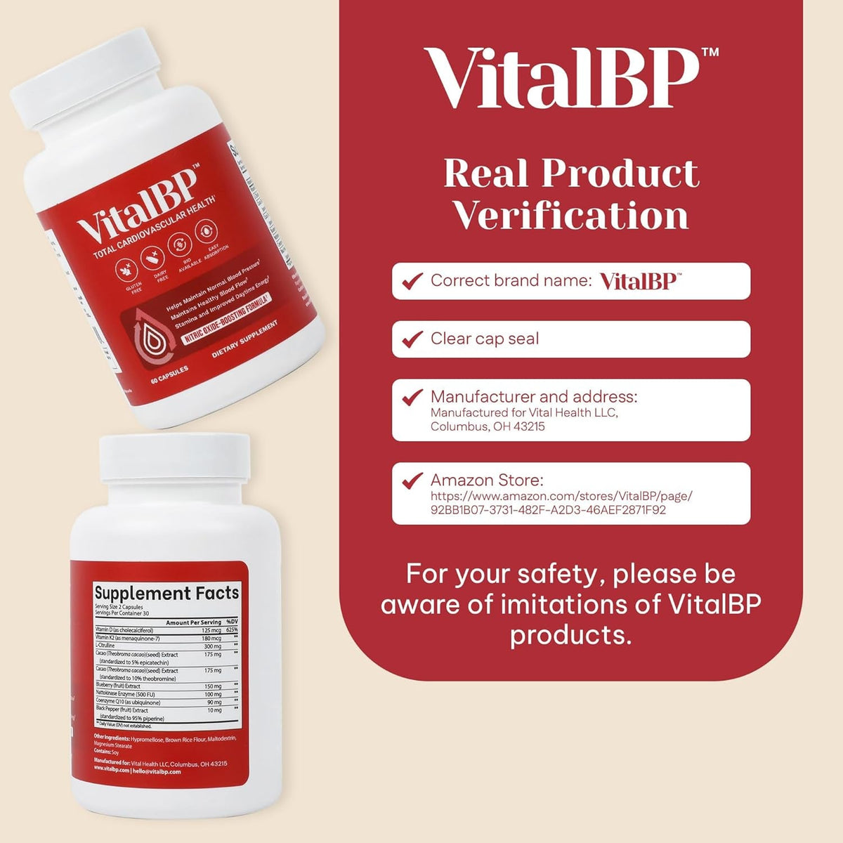 Vital BP - Support for Normal Blood Pressure - Supports Blood Flow & Arteries - with Coq10, L-Citrulline, and K2 & D3-60 Capsules